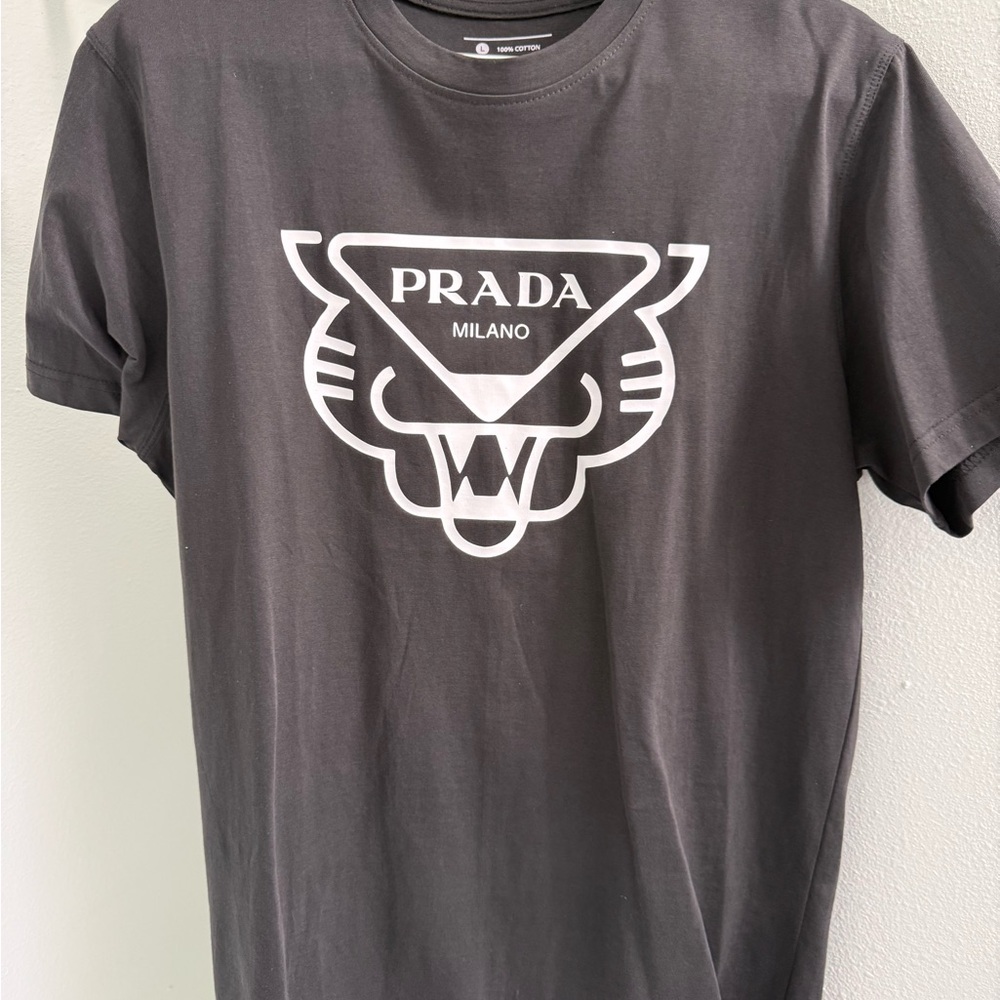 Prada Men's Charcoal Tee with White Logo